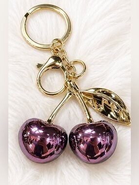 Purple Cherry Keychain Gold Tone Glossy Bag Charm